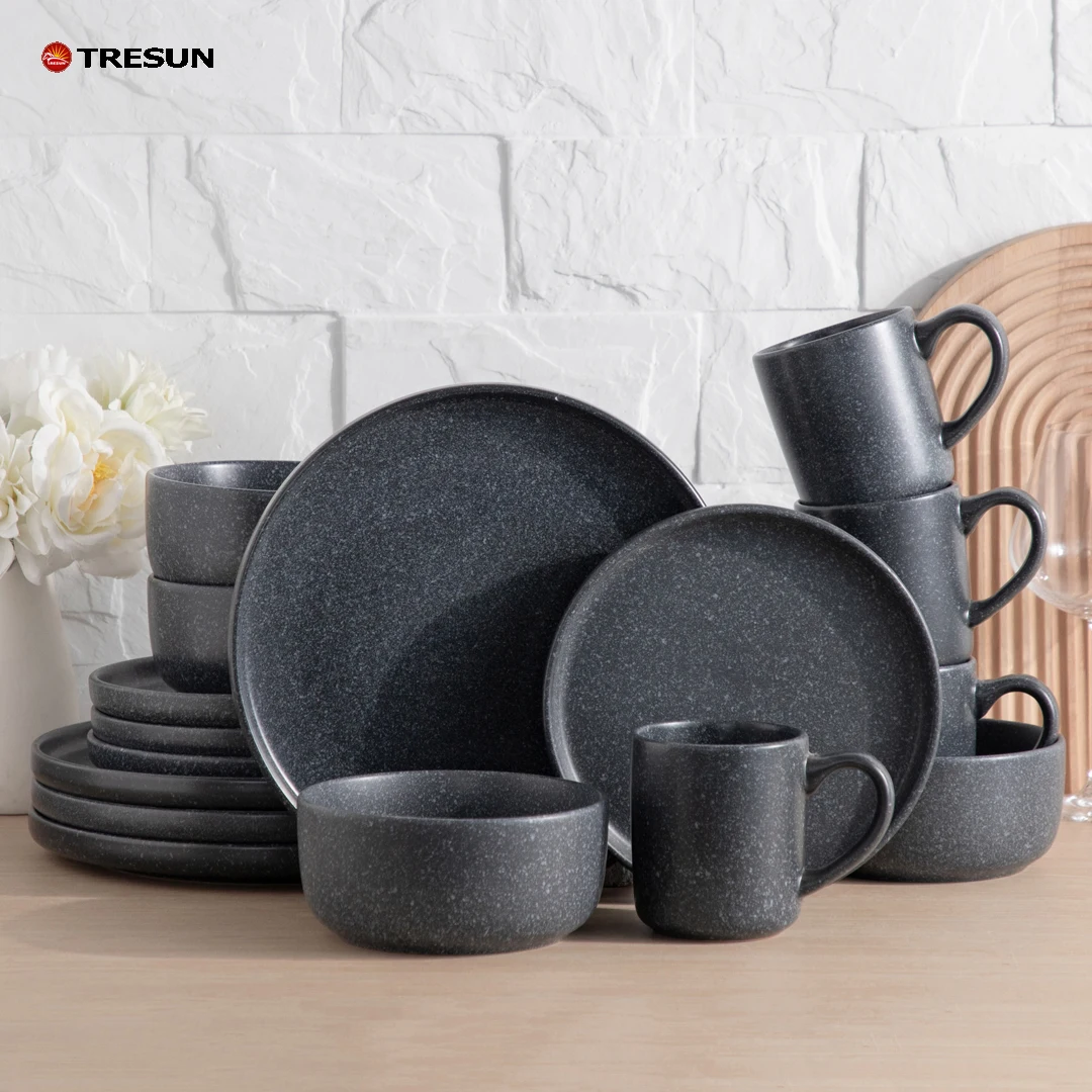 Geschirr-set 16-teilig,Stein Schwarz Grau,Nordisches Tafelgeschirr,Speiseteller-sets Aus Keramik-steingut