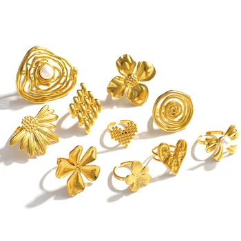 Vintage Women's Personalized Stainless Steel Jewelry Irregular Hollowed Winding Metal Pearl Opening Ring