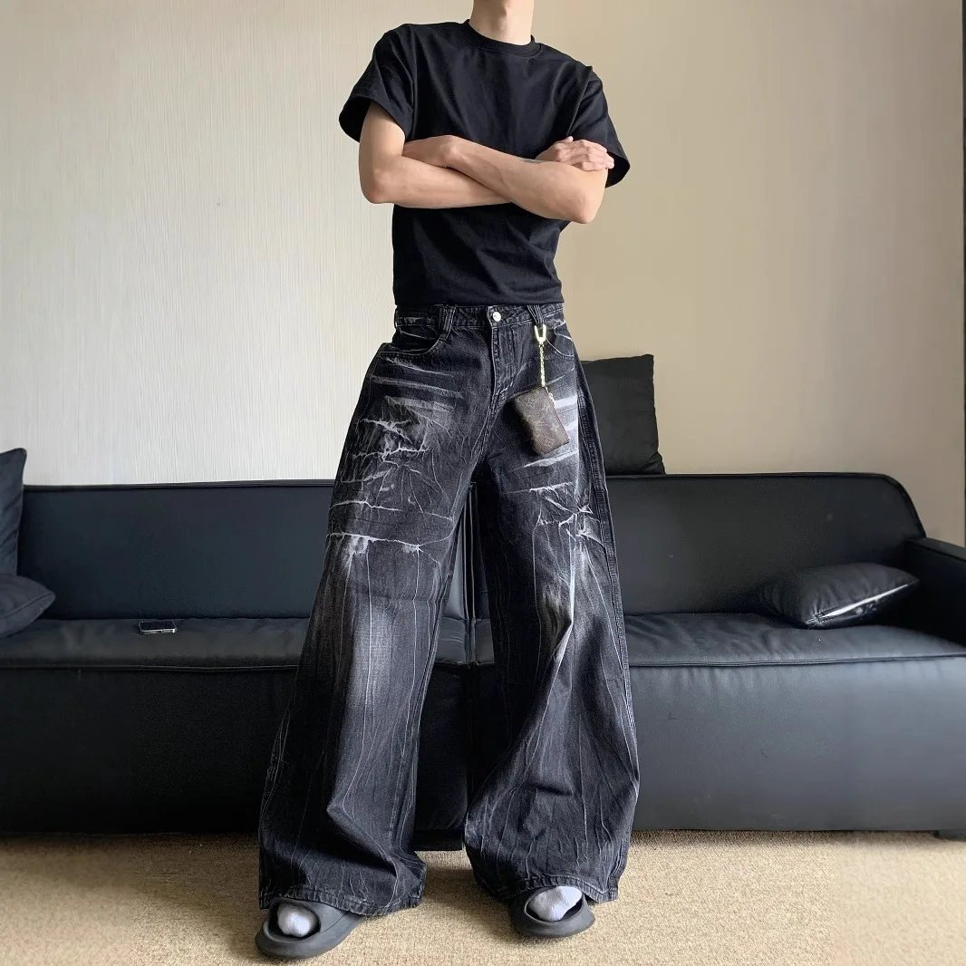 Amerikaanse Retro Mid-zipper Fly Cleanfit Gewassen Gescheurde Jeans voor Heren Niche Lightning Patroon Sfeer Losse Brede pijpen Lange Broek