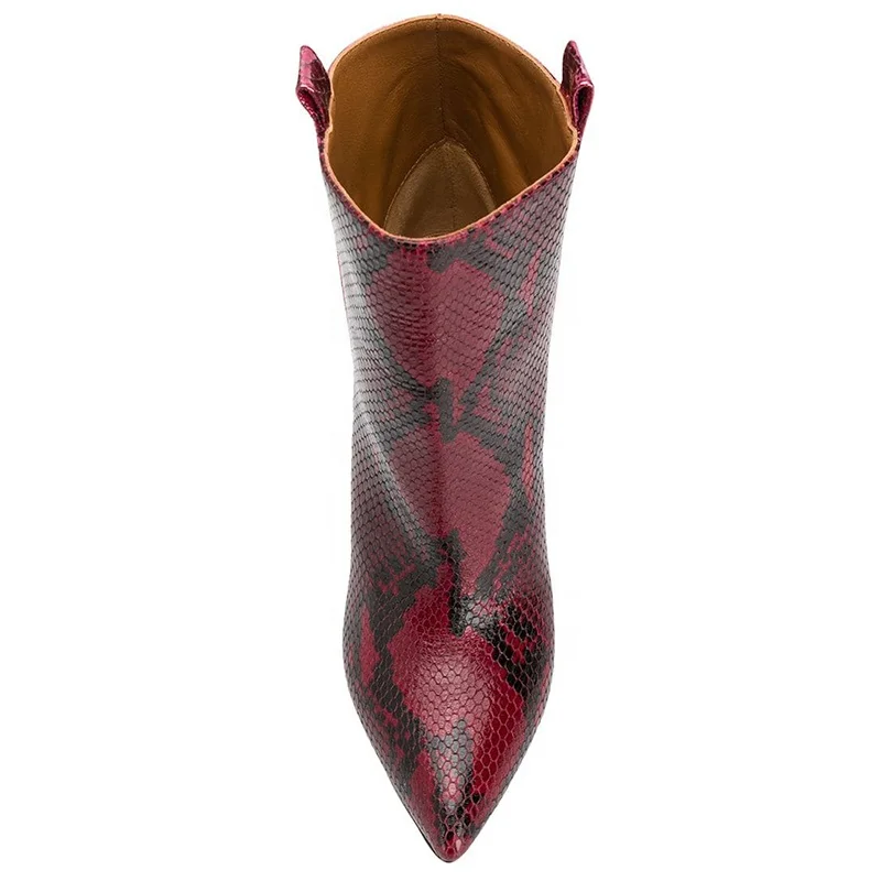 Trendy Color Matching Red Gold Snake Pattern Leather Pointed Toe Stiletto Heel Ankle Boots Women Short Boots High Heels Booties