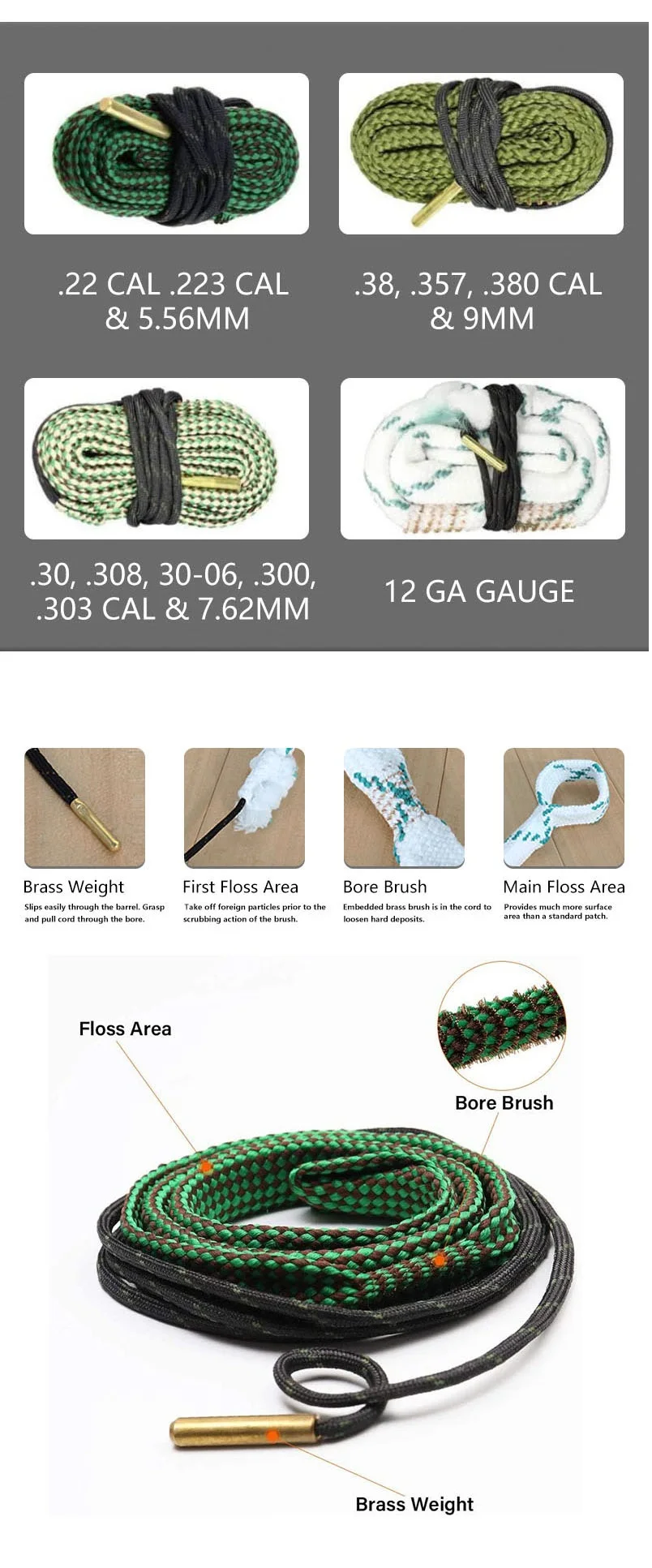 Hunting Accessories Cleaning Kit Bore Cleaner Snake .22 Cal .223 Cal 5.56mm 9mm 