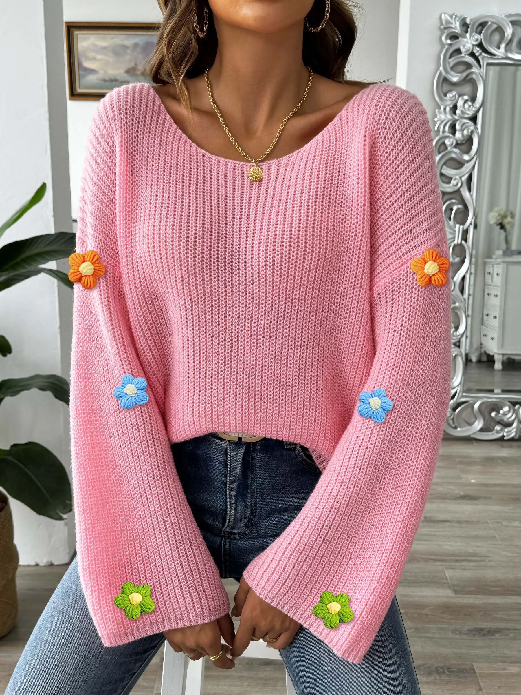 New Design Ribbed Pullover Sweater with Handmade Crochet