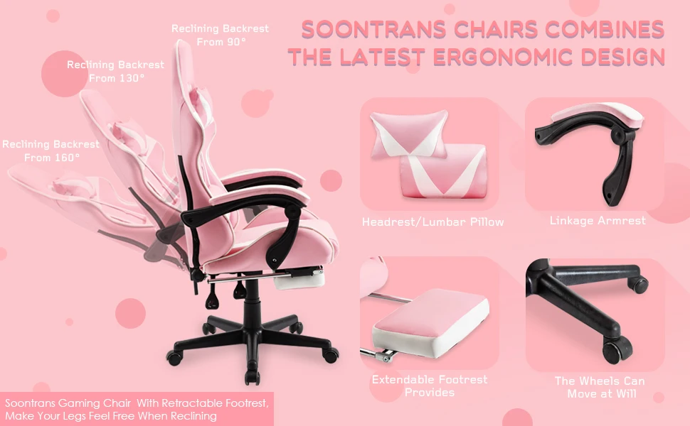 Soontrans Pink Gaming Chair with Footrest, Ergonomic Office Chair with  Lumbar Pillow & Adjustable Headrest Support, Gamers Game Chair, Pink and  White