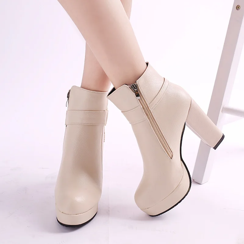 Winter New Short Boots Women's Leather High-heeled Thick-heeled Round ...