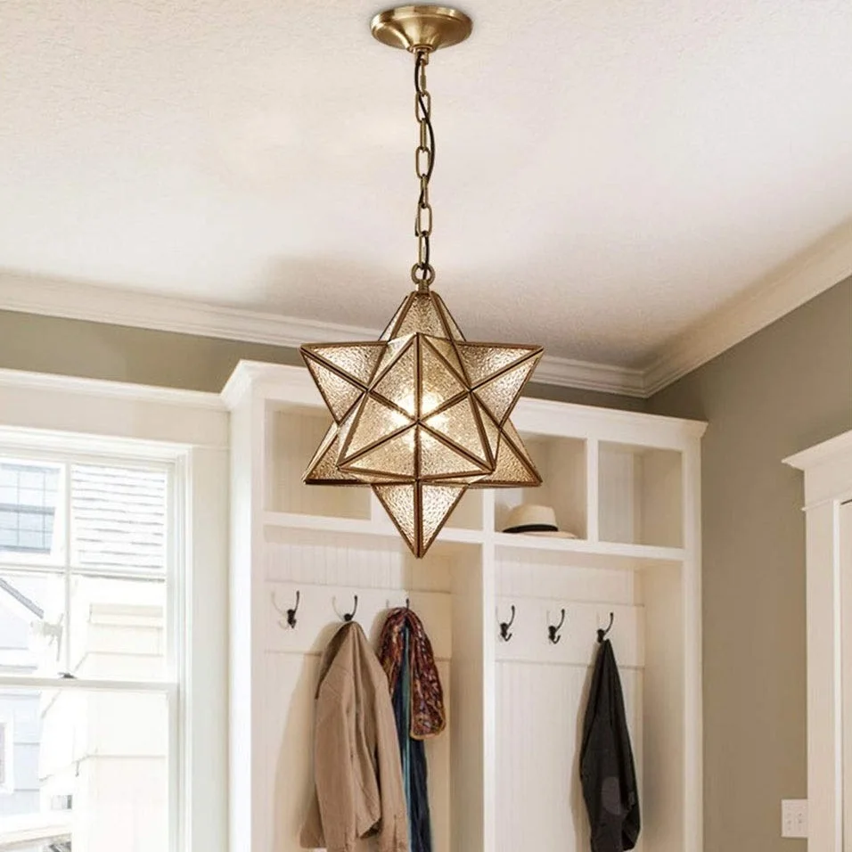 황동 빈티지 샹들리에 램프 러스틱 인더스트리얼 모라비아 스타 펜던트 라이트 텍스처드 리플 글라스 커버