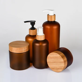 Bottle Set 60ml-500ml Amber Bamboo Jars Cosmetic PET Plastic Cosmetic Packaging Cosmetic Package Screen Printing Lotion Bottle