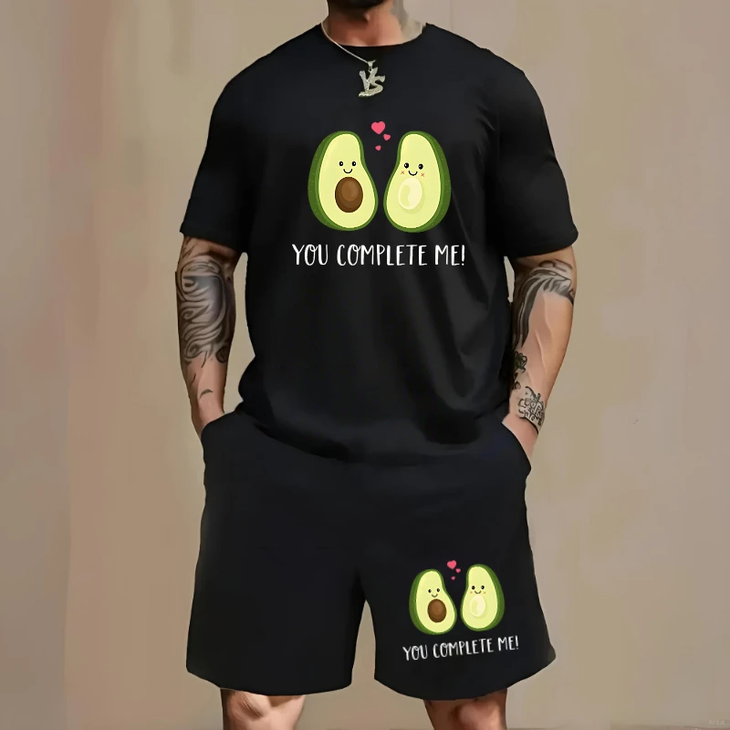 Men's Cute Avocado "You Complete Me" Print 2-Piece Outfit Oversized T-shirt and Drawstri aperçu 2