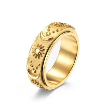 RFJEWEL Hot Classic Retro Men Star Moon Sun Stainless steel Gold/Silver/Black Plated Rotate Relieve Stress Ring