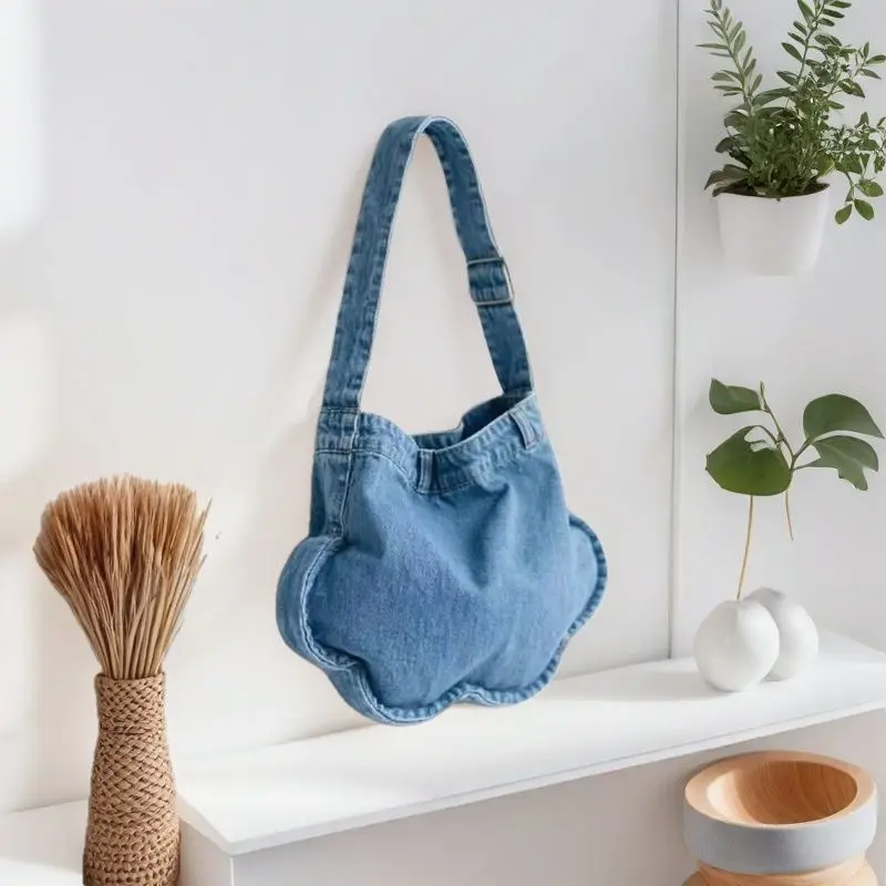 Korean Custom Cute Flower Shaped Washed Denim Mobile Phone Shoulder Bag Leisure College Student Class Travel Shopping Handbag