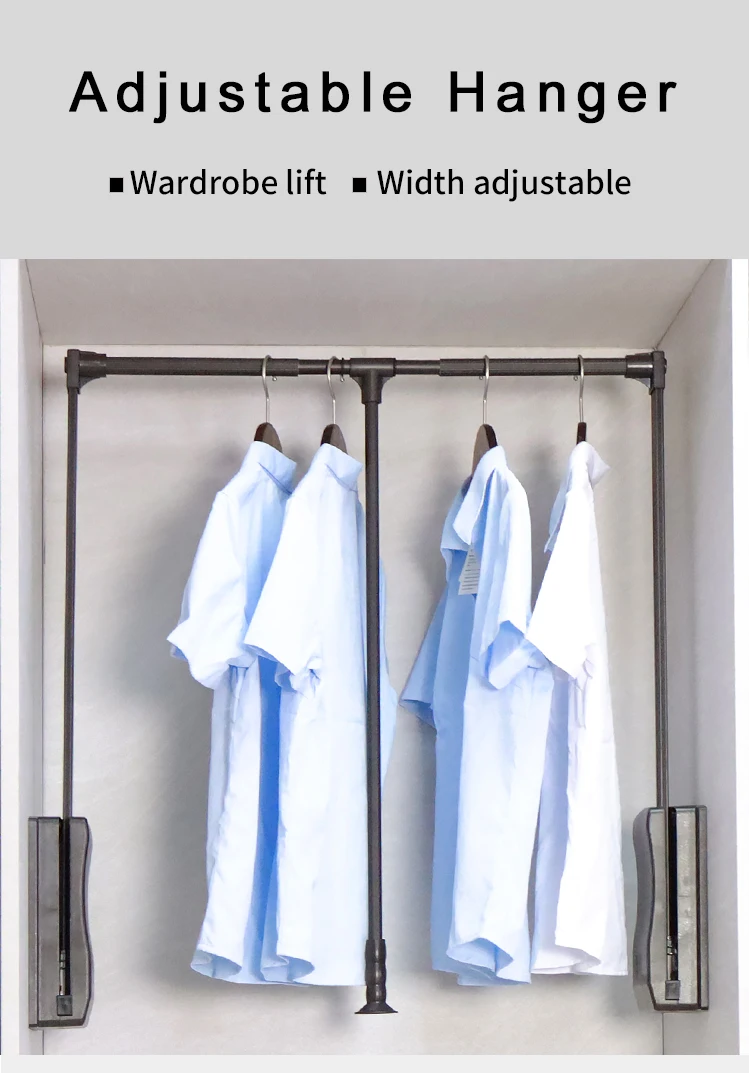 Zoternen Lift/Pull Down Adjustable Width Wardrobe Clothes Hanging Rail Soft Return Space Saving 450-600mm Silver