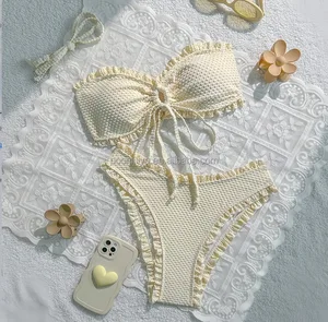 Low MOQ Custom Logo Textured Bandeau Knot Circle Bikini 2-Piece Set Eco-Friendly Removable Padded Ruffle Sexy