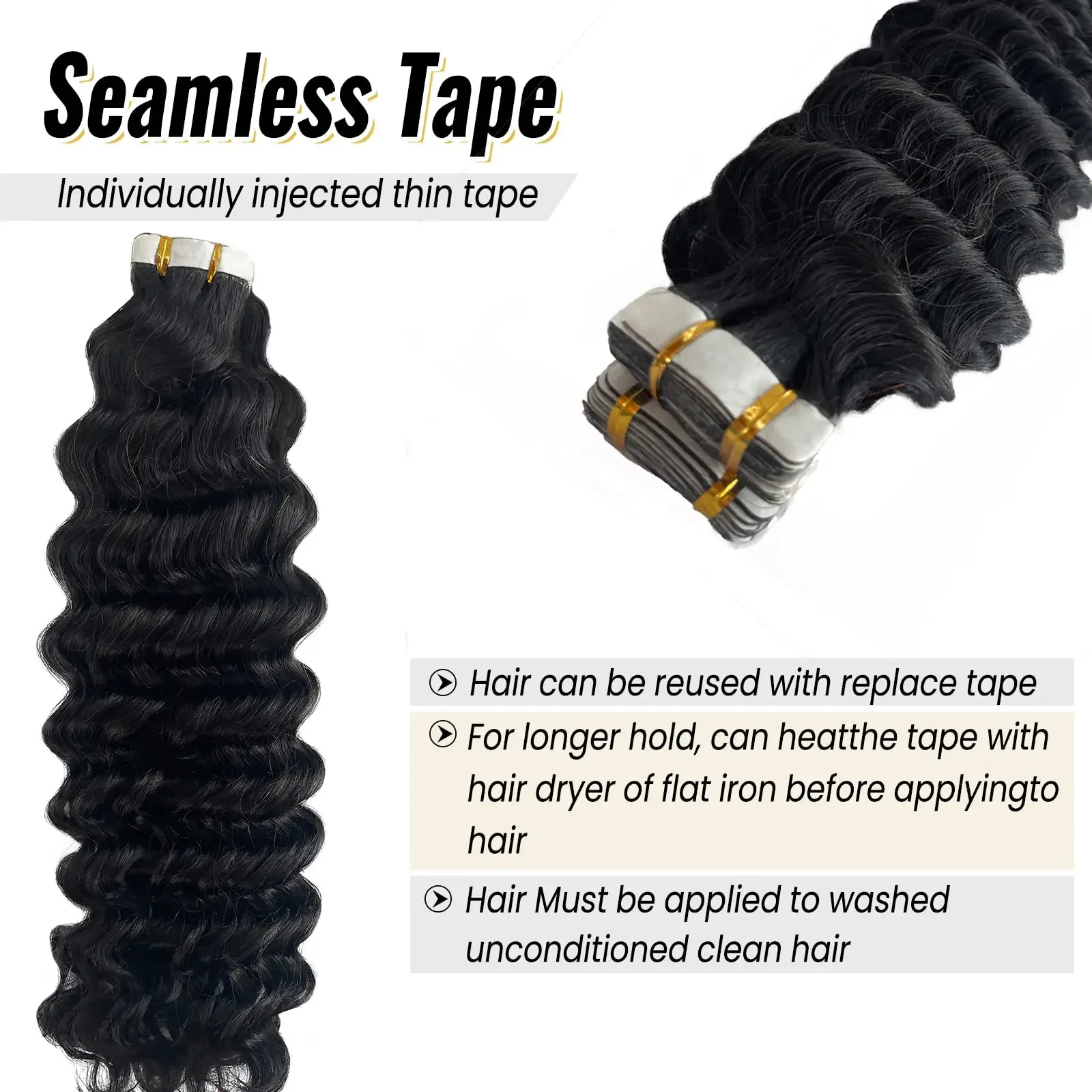 Deep Wave Tape In Human Hair Extensions Remy Hair Natural Color Skin Weft Tape In Extension_voghion.com