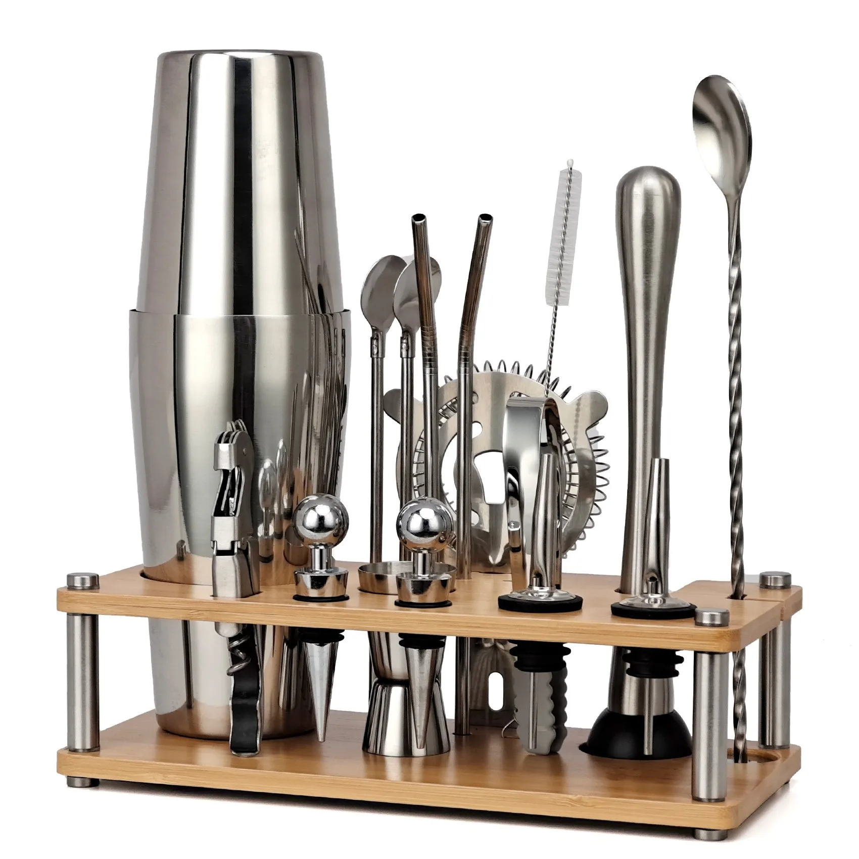 Professional 17 Piece Bartender Kit Stainless Steel Mixer Cocktail Set New Detachable Oval Bamboo Bar Kit