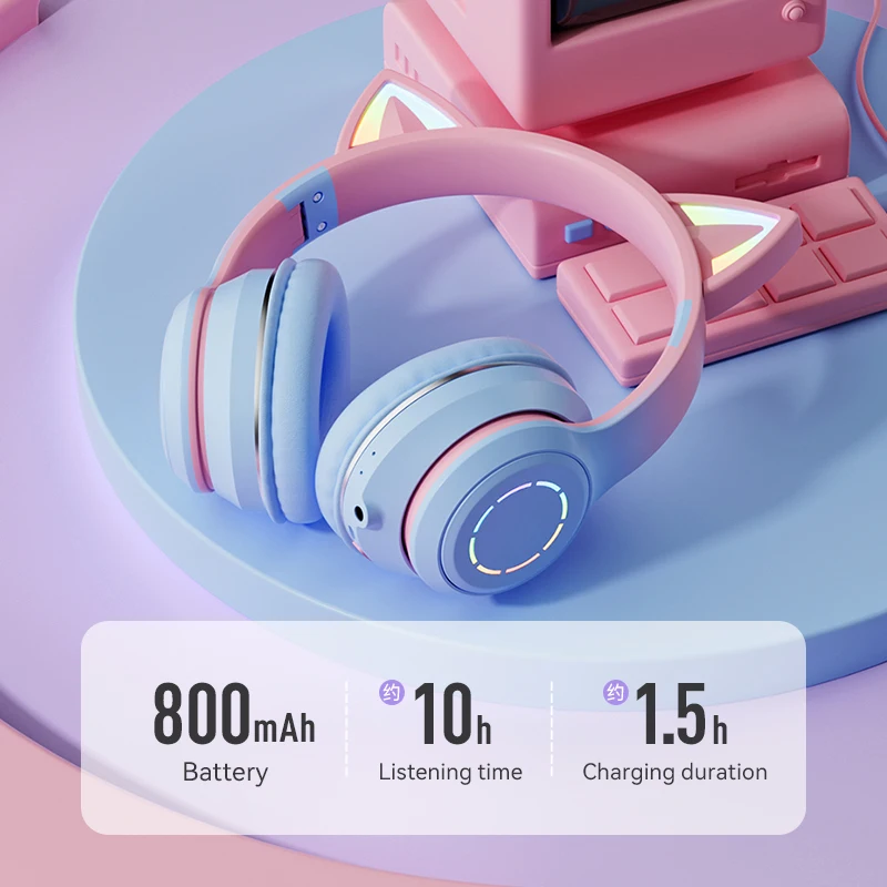 New 2023 Electronics ST89  Pink LED Cat Ear Headphones Wireless Bt Earphone Earbuds Over Ear Headset for Kids Gift