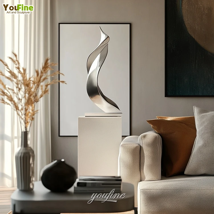 Abstract Golden Modern Abstract Twisted Sculpture Metal Stainless Steel Indoor Sculpture