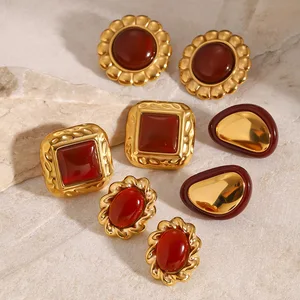 Ilona Wholesale Price 18k Gold Plated Stainless Steel Fashion Vintage Stud Earrings Red Earrings Set for Women