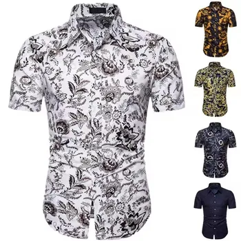 Summer new men's fashionable printed short sleeved floral shirt British style multi color beach casual shirts