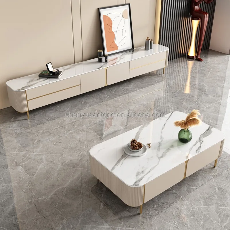 Luxury Marble Top Gold Stainless Steel Leg Tv Stand And Gold Coffee