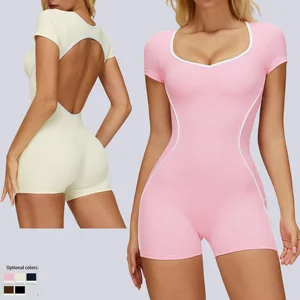 Women's Cutout Open Back Tight Bodysuit Jumpsuit Activewear Yoga Gym Fitness Workout Sports Short Sleeve Contrast Trim