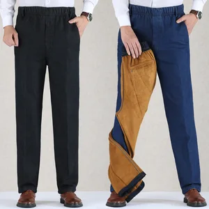 Men's Winter Vintage Straight Jeans Thickened High-Waisted Washed Denim Trousers Elastic Waistband Stretch Cotton Solid Pattern