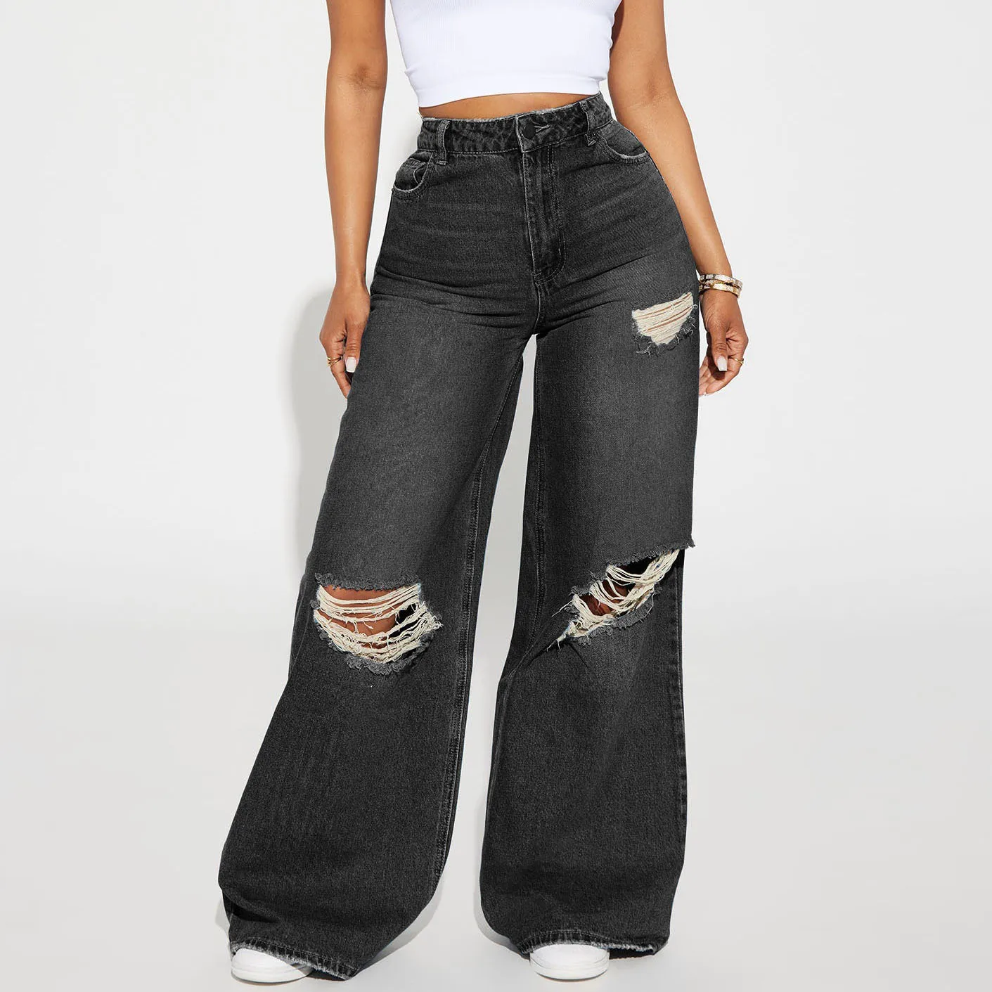 Hot Sale Retro Style Ladies Jeans OEM Customization Wide Leg Cargo Pants  Breathable Denim Ripped High Waist Pant