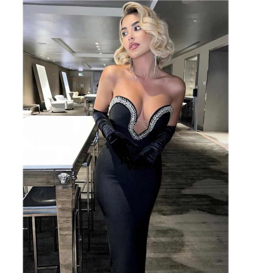 2025 Stylish Necklace Shining Diamonds Strapless Black Bandage Mini Dress Fashion Woman Party Vestido Celebrity Birthday Outfit