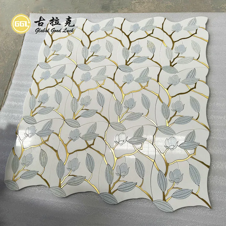 Polished  Flower Design Blue and White Marble Mix Brass Mosaic Waterjet Art Tiles