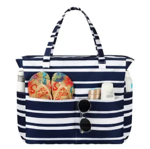 Eco-Friendly Customized Logo Canvas Tote Bag New Custom Stripe Reusable Thermal Lunch Tote Bag