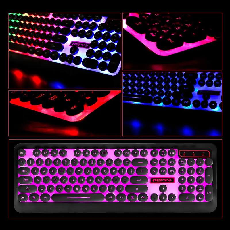 Retro Round Keycap Backlit USB Wired Russian English Gaming Keyboard
