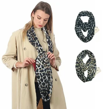 E223 Women Autumn Winter Warm Classic Leopard Print Hidden Zipper Pocket Infinity Scarves Pocket Scarf