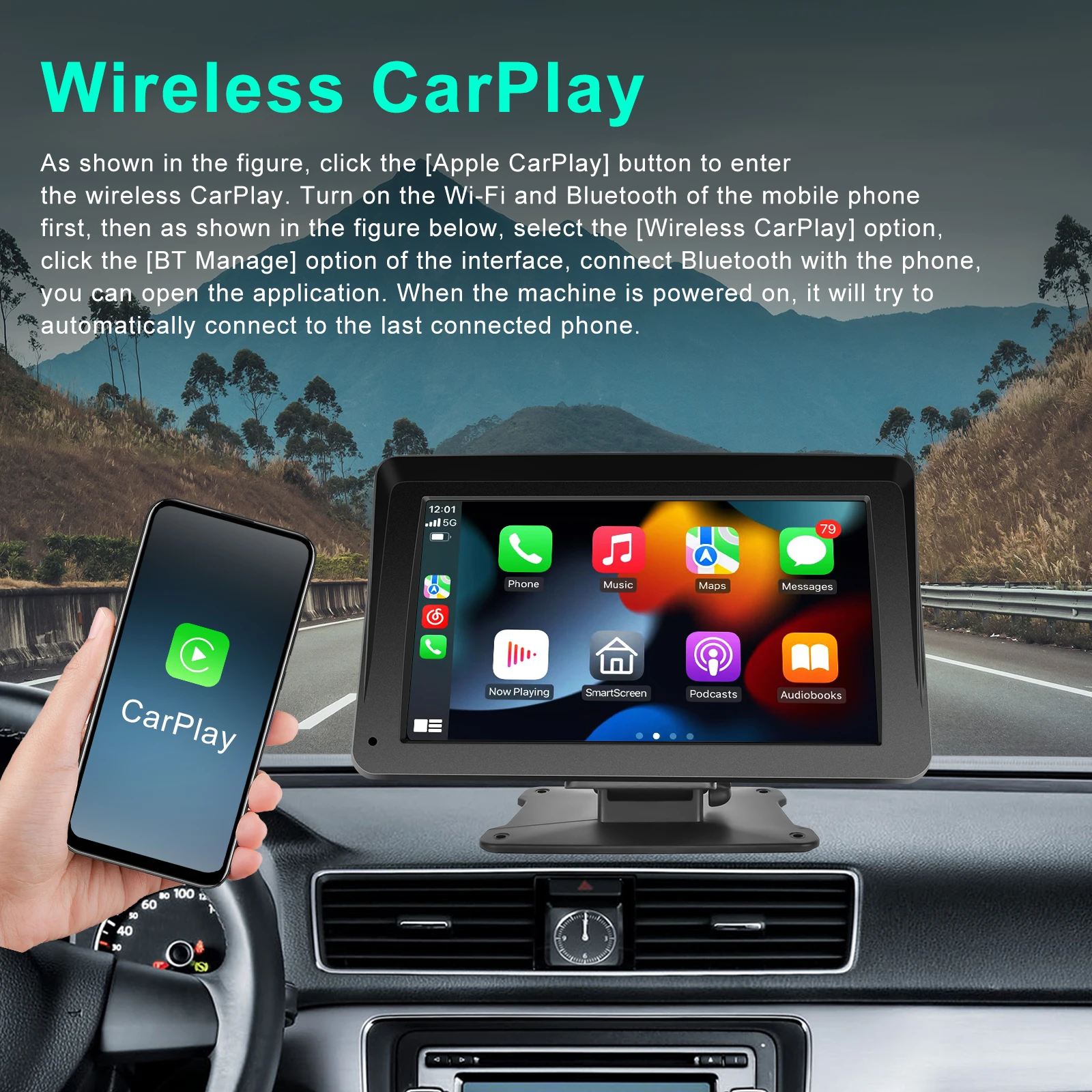 Podofo Autoradio Portatile 7" Con Wireless Carplay E Android Auto – Bluetooth, FM, Mirror Link