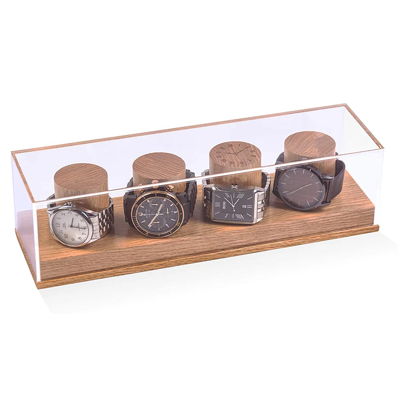 Rustic Style Solid Oak Wooden Watch 4 showcase Stand Holder Box Display with Glass Top