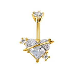 Women's Heart-Shaped Zircon Stainless Steel Punk Style Gold-Plated Navel Ring Body Jewelry Piercing Nail Beach Accessory