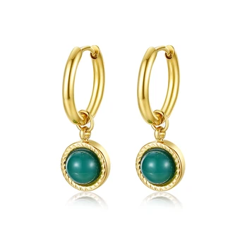 MICCI Wholesale Non Tarnish 18k Gold pvd Plated Green Round Stone Drop Earrings For Women