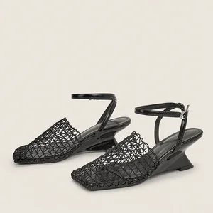 BUSY GIRL CXX315 Silver and Gold Breathable square Toe High Heels Closed Toe Sandals Mesh Ankle Strap Wedge Sandals for Women