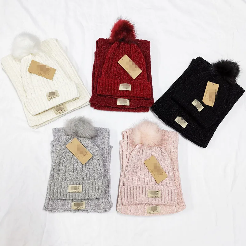 Scarf and Hat  Sets Kids Women Customized Plain Fur Winter Scarf Hat Set