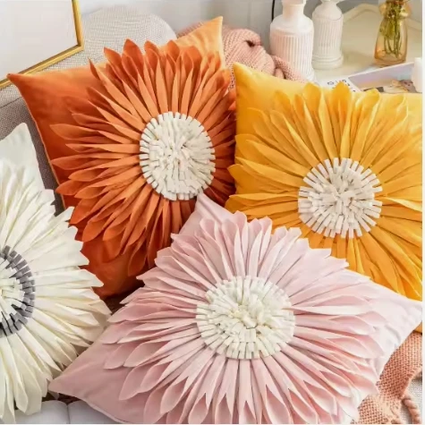 Pink white Flower Princess 3D printed hand made embroid Sunflower Throw Pillow Cover