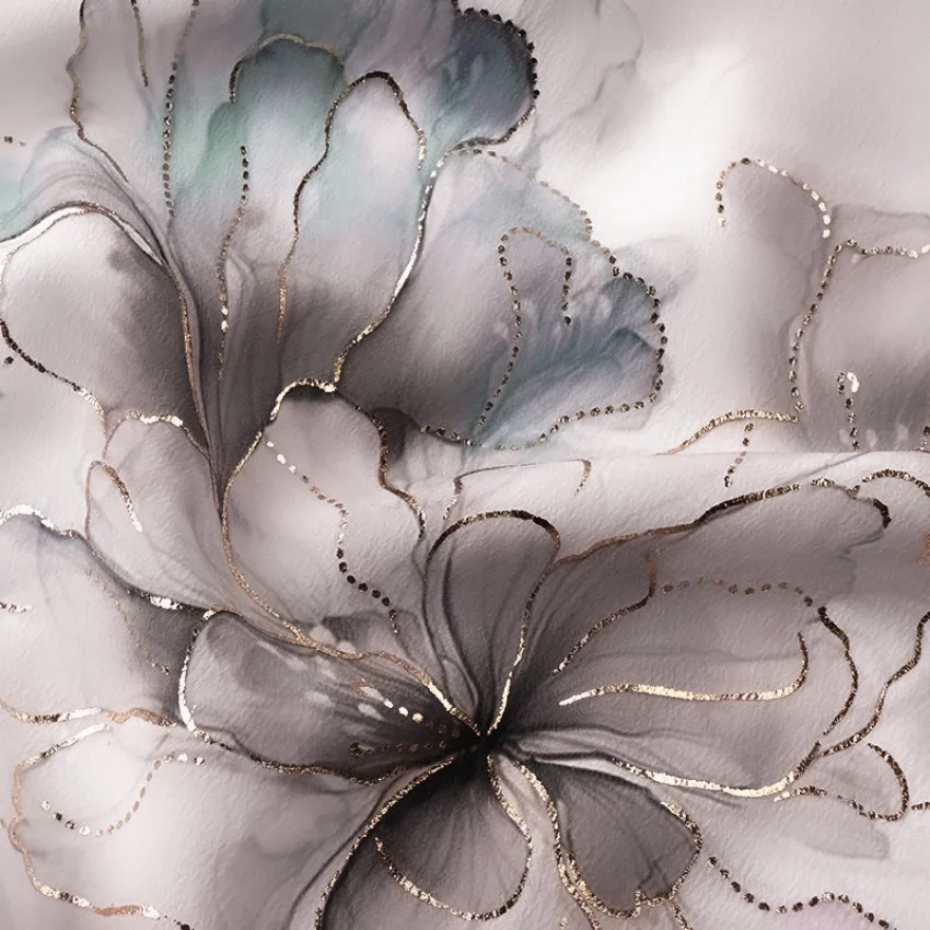 Popular Custom Floral Design Digital Print Glitter Flower 100% Polyester Foil Chiffon Koshibo Crepe Fabric with Gold Foil Print