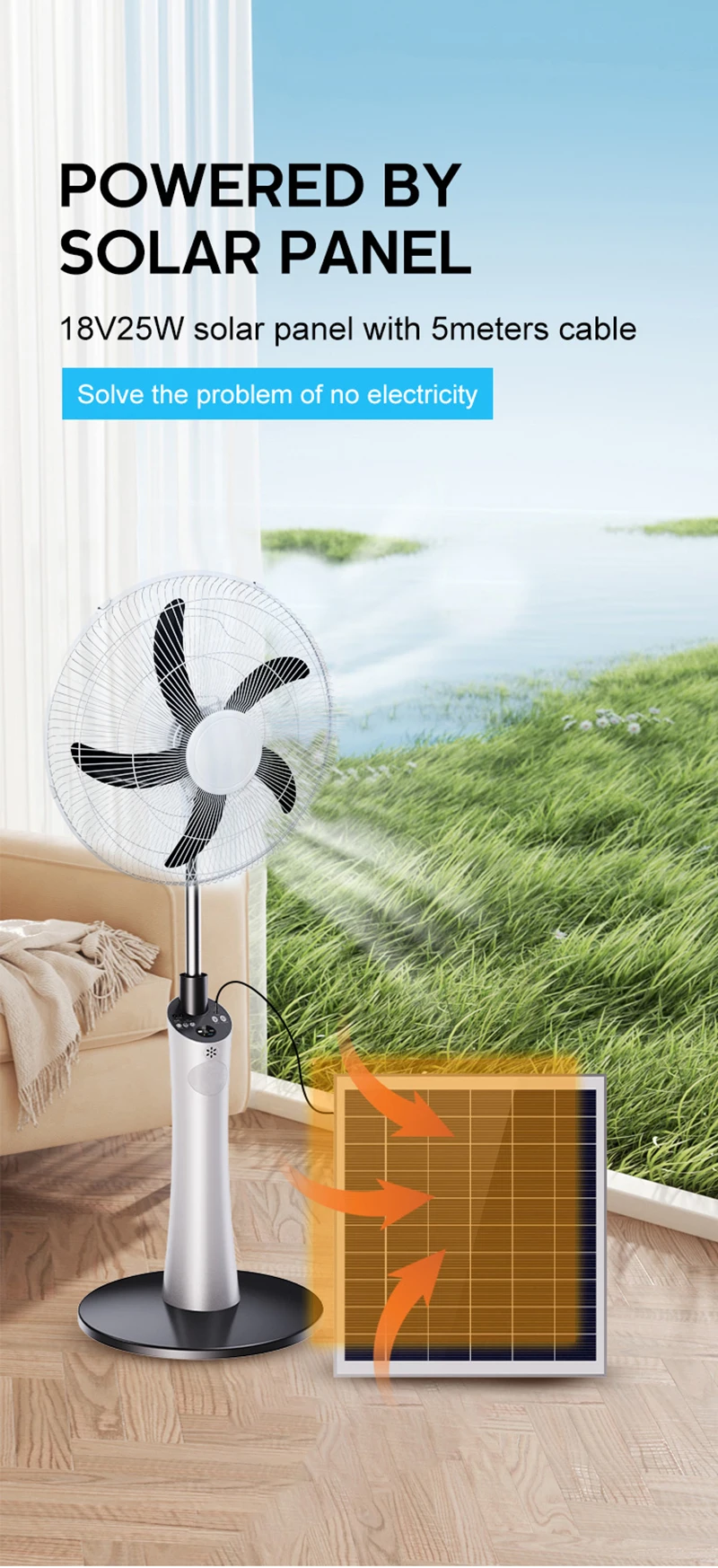 Electric Solar Standing Fan, Plastic, USB - detail 12