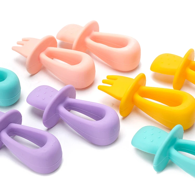 Baby Teething Spoon BPA Free Soft Led Weaning Feeding Silicone Training Spoon and Fork Set for Kids