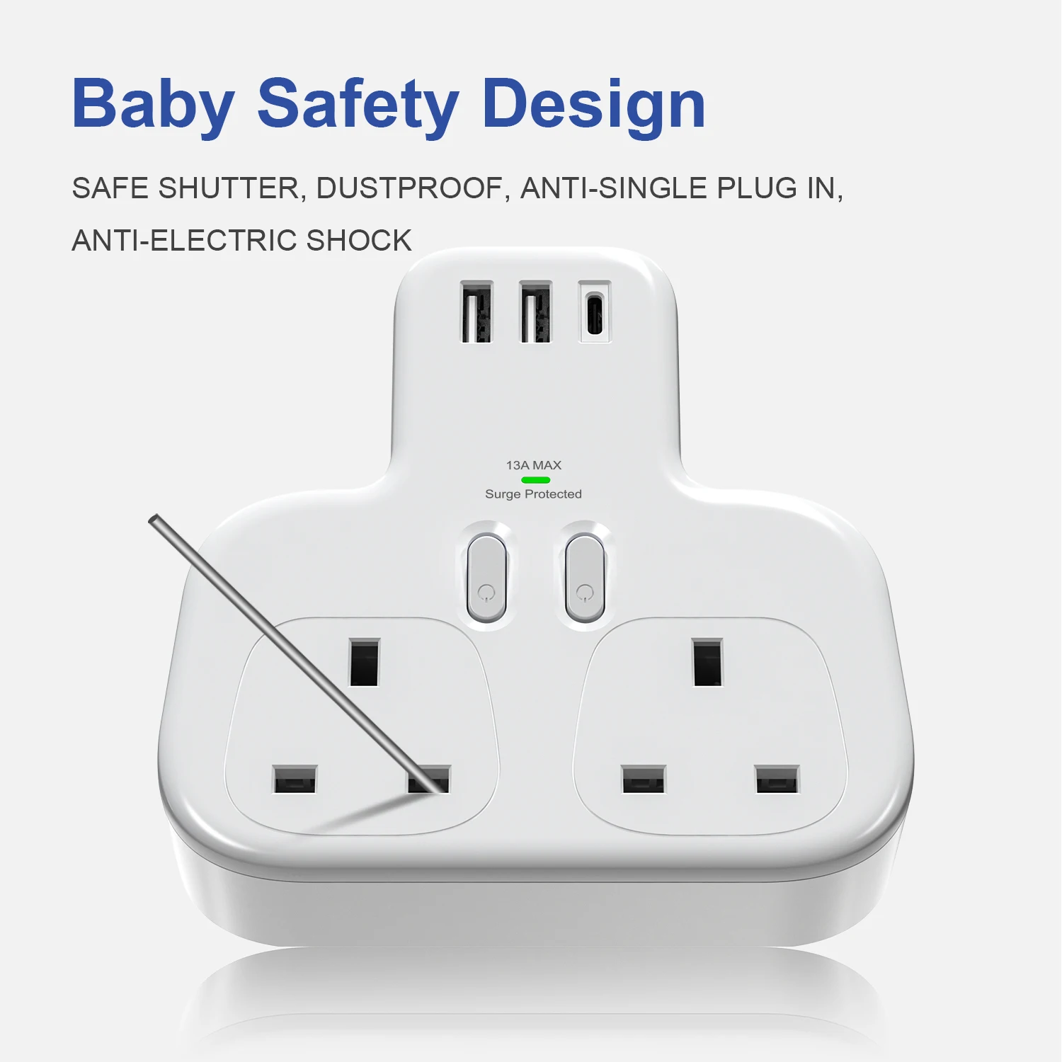 Double Plug Adaptor With Usb C,2 Way Plugs Extension Multi Sockets Wall