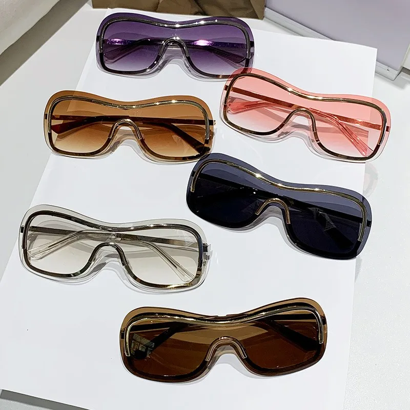 One-piece metal-lined sunglasses for women Cool stylish rimless sunglasses without makeup slimming colored glasses
