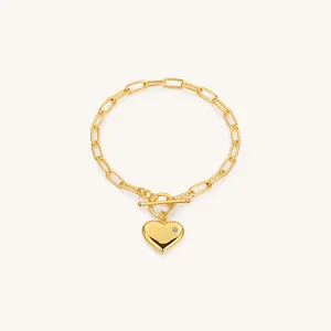 Fashion Retro Diamond Inlaid 9K Gold Heart Shape Charm Pendant Bracelet Gold Plated Chain Bracelet Jewelry for Women