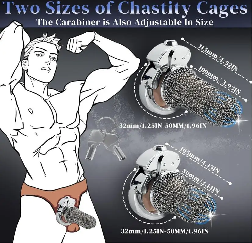 One-Touch Closure Chastity Cage with Adjustable Carabiners Breathable Mesh Cock Cage Lock Extreme SM Bondage Sex Toy for Men%