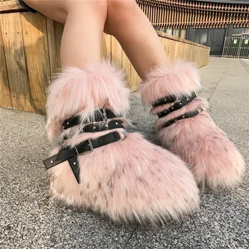 White Fur Snow Boots for Women Winter Faux Fur Boots y2k