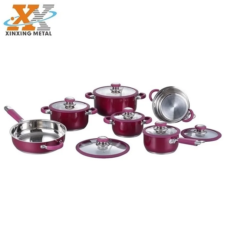 Popular 12Pcs Stainless Steel Cookware Set With Coloring Silicone Handle factory