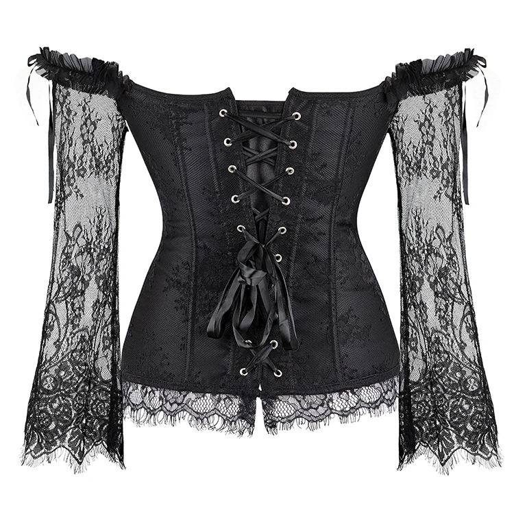 Women Sexy Satin Lace Trim Corset Bodysuit Black Long Sleeve Bustier ...