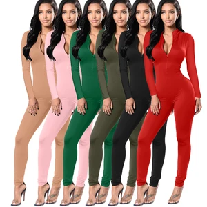 Custom logo Women Long Sleeve Jumpsuit One Piece Solid Zipper Bodycon Skinny Women's Jogging Jumpsuit