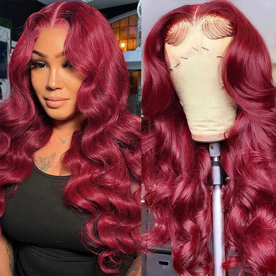 40 Inches Red Color Silky Straight Cuticle Aligned Human Hair Lace Frontal Wigs With Baby Hair