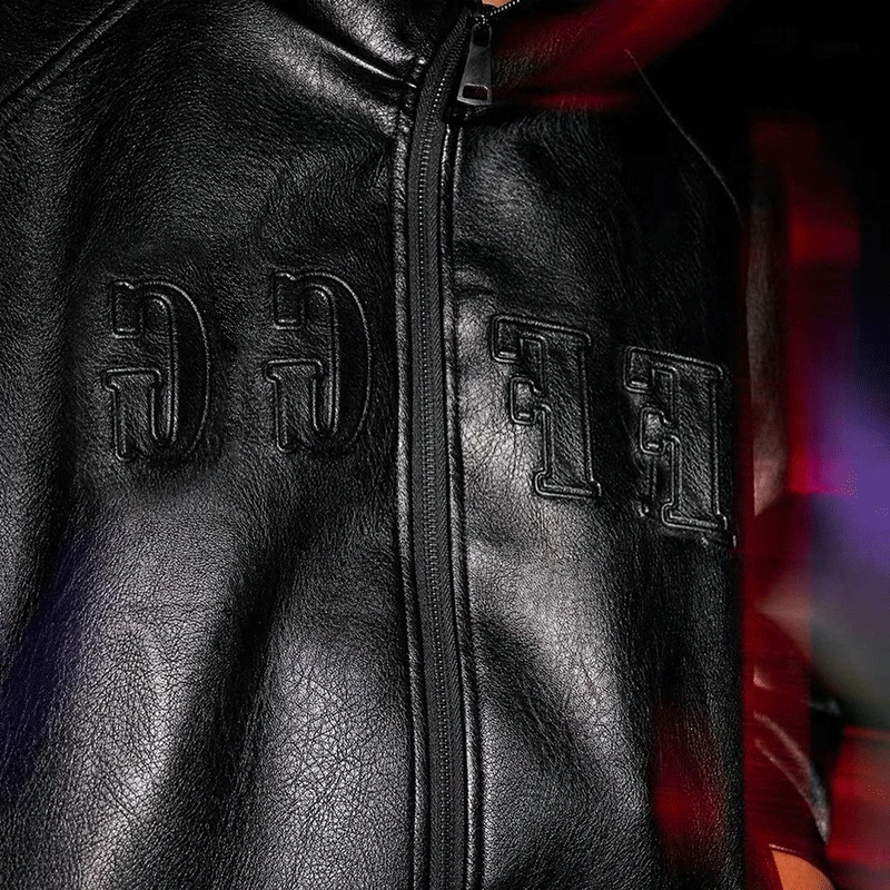 Custom High Quality Hoodie Jacket 3D Embossed Zip up Oversized Black Motorcycle Outwear Hip Hop Streetwear Leather Jacket Men gallery 3